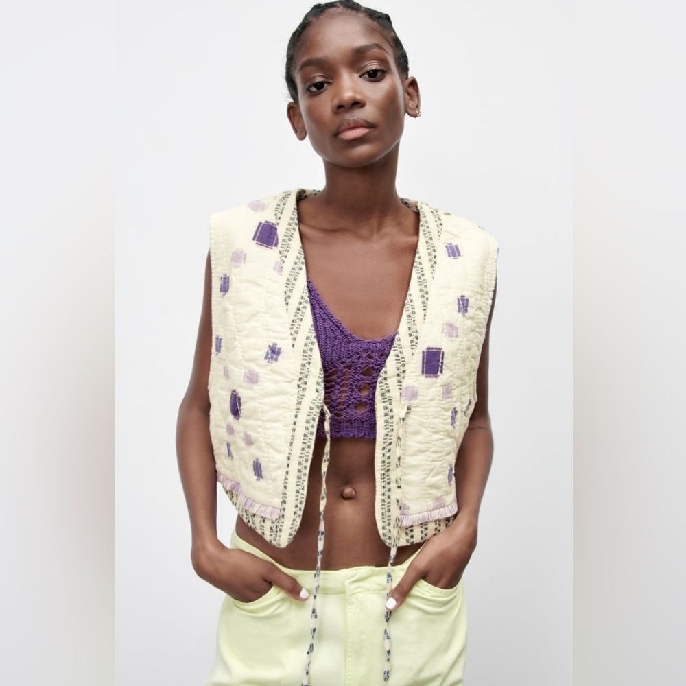 NWT Zara Fringed Quilted V-Neck Embroidered Vest in Ecru